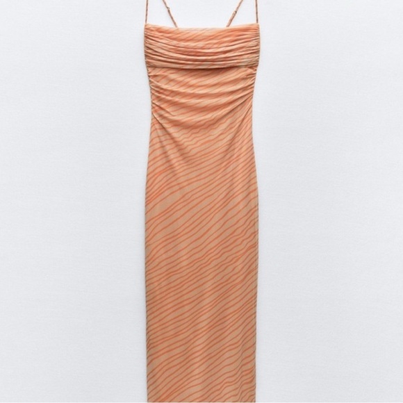 Zara Draped printed orange tulle Elegant Peach Spaghetti Strap Dress XL NWT - Picture 4 of 12